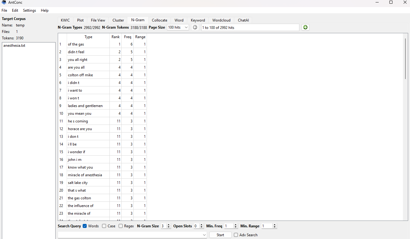 Anesthesia – AntConc 3-Gram